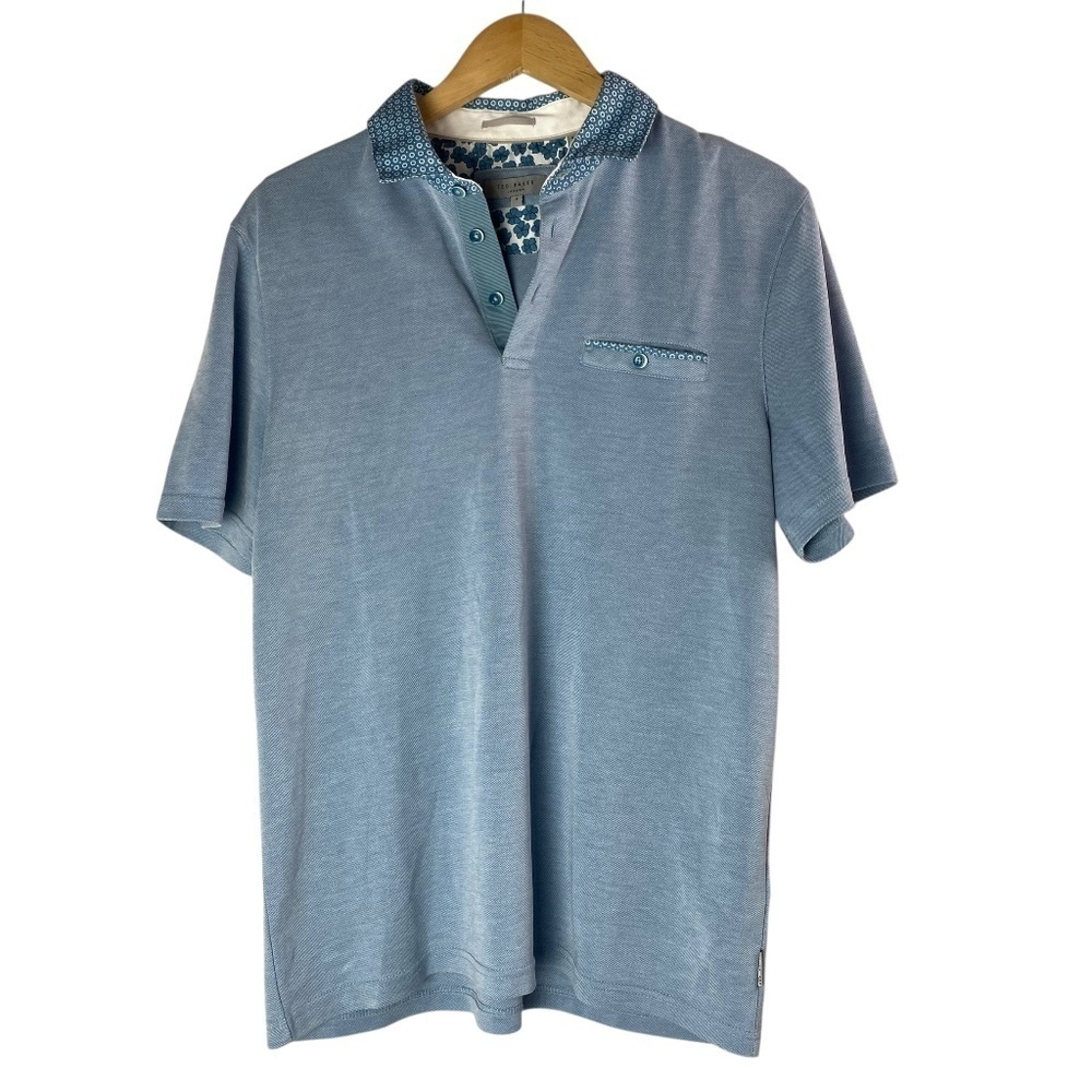 TED BAKER Light Blue Polo Shirt Short Sleeve with Geometric Floral Size 4 (L)